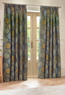 Ophelia Pencil Pleat, Blue/Saffron - Ready Made Curtains